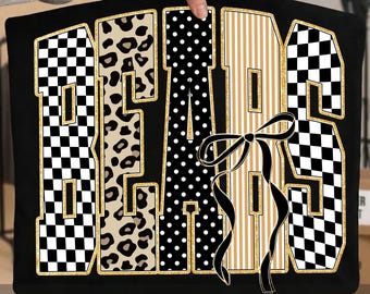 Bears PNG, Leopard Checkered Bow School Spirit Design, Mascot Shirt PNG, Team Spirit Sublimation File