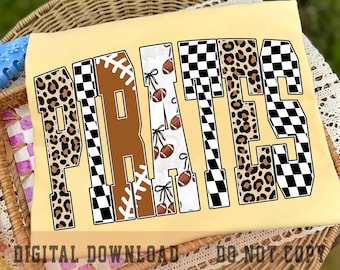 Pirates PNG, Leopard Checkered Football School Spirit Design, Game Day Mascot PNG, Sublimation Shirt File