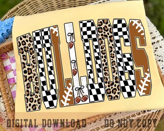 Bulldogs PNG, Leopard Checkered Football School Spirit Design, Game Day Mascot PNG, Sublimation Shirt File