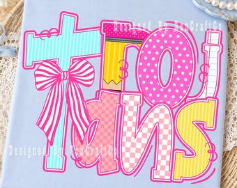Trojans PNG, Preppy Trojans Back to School Shirt Design, Colorful School Supplies PNG, Coquette Bow Sublimation File
