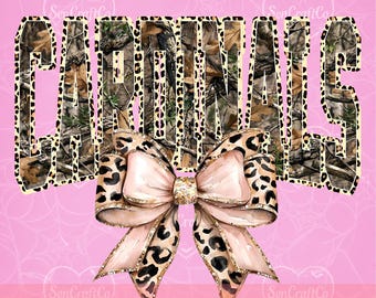 Cardinals PNG, Camo Leopard Bow Mascot Shirt Design, School Spirit PNG, Game Day Sublimation File