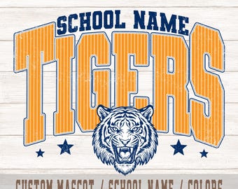Custom Mascot PNG, Striped Varsity School Spirit Shirt Design, Custom School Name PNG, Custom Color Sublimation File