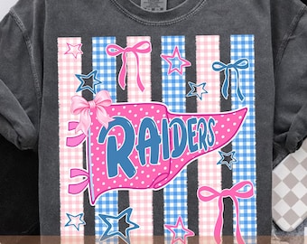 Raiders Mascot PNG, Pink Blue Gingham School Spirit Shirt Design, Preppy Bow Pennant PNG, Game Day Sublimation File