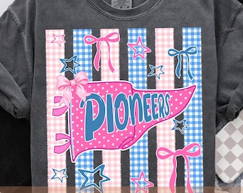 Pioneers Mascot PNG, Pink Blue Gingham School Spirit Shirt Design, Preppy Bow Pennant PNG, Game Day Sublimation File
