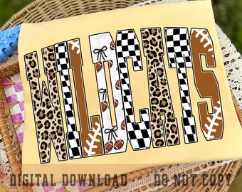 Wildcats PNG, Leopard Checkered Football School Spirit Design, Game Day Mascot PNG, Sublimation Shirt File