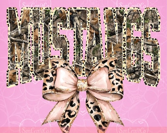 Mustangs PNG, Camo Leopard Bow Mascot Shirt Design, School Spirit PNG, Game Day Sublimation File