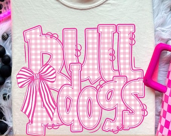 Bulldogs PNG, Pink Gingham Bow Mascot Shirt Design, School Spirit PNG, Game Day Sublimation File