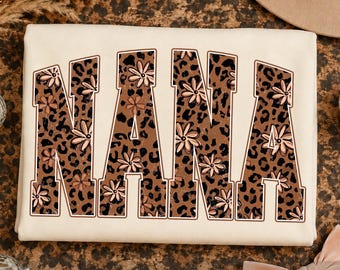 Nana PNG, diseño de camiseta Nana con estampado de leopardo y flores, Nana PNG para sublimación, descarga digital