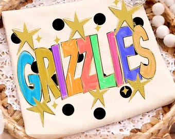 Grizzlies PNG, färgglad stjärnprickig maskotskjortadesign, skolanda PNG, sublimeringsfil för matchdag