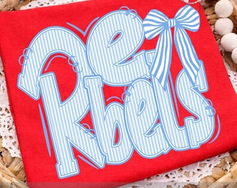 Rebels PNG, Blue Striped Bow Mascot Shirt Design, School Spirit PNG, Game Day Sublimation File