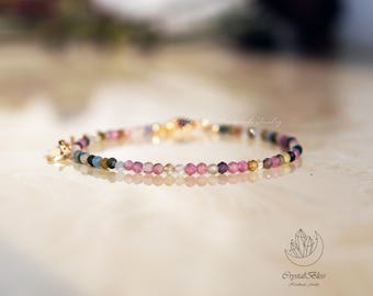 Sierlijke natuurlijke regenboog toermalijn kristallen armband voor vrouwen, minimalistische regenboog toermalijn emotionele balans hartgenezing kristallen armband