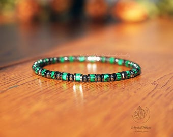 Handcrafted Malachite Hematite Stretch Bracelet for Men, Custom Made Hematite Malachite Bracelet for Men, Strength Protection Men's Bracelet