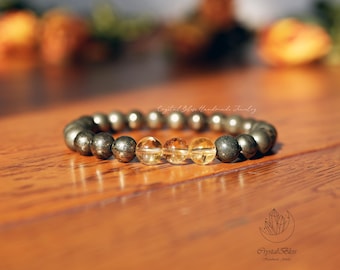 Natuurlijke citrien pyrietkristal armband voor mannen, pyriet citrien rijkdom vertrouwen rijden succes energie mannelijk heren armband sieraden cadeau