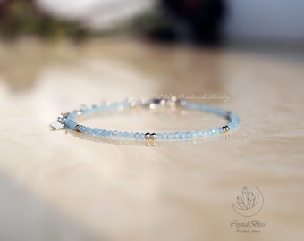 Sierlijke echte aquamarijn kristal edelstenen armband, minimalistische natuurlijke aquamarijn vrede duidelijkheid kalm emotionele genezing kristallen armband