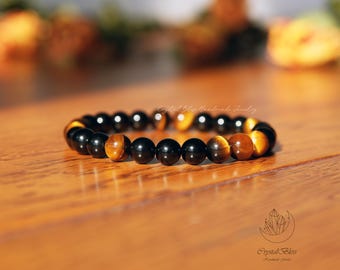 Zwarte Obsidiaan Tijgeroogkristalarmband voor heren, Tijgeroog Zwarte Obsidiaan Bescherming Moed Focus Innerlijke Kracht Leiderschap herenarmband