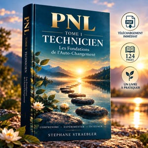 Peut inclure: Un livre relié intitulé PNL Tome 1 Technicien Les Fondations de l'Auto-Changement par Stéphane Straebler. La couverture illustre un coucher de soleil sur un lac avec des pierres, des nénuphars, et mentionne 124 pages et un téléchargement PDF.