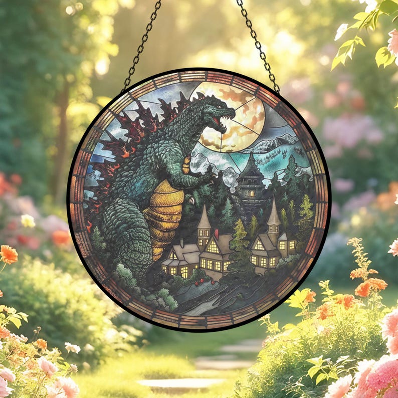 Godzilla Stained Glass Suncatcher, Monster Window Hanging Decor ...