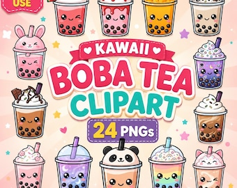 Kawaii Boba Tea Bundle, Bubble Milk Tea Drinks, Commercial Use Graphics