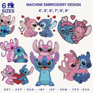 Puede incluir: Diseño de bordado a máquina con Stitch y Angel en varias poses, con corazones. El diseño incluye seis tamaños: 10,16 cm, 12,7 cm, 15,24 cm, 17,78 cm, 20,32 cm y 22,86 cm. La imagen también incluye el texto "MACHINE EMBROIDERY DESIGN" y "6 SIZES".