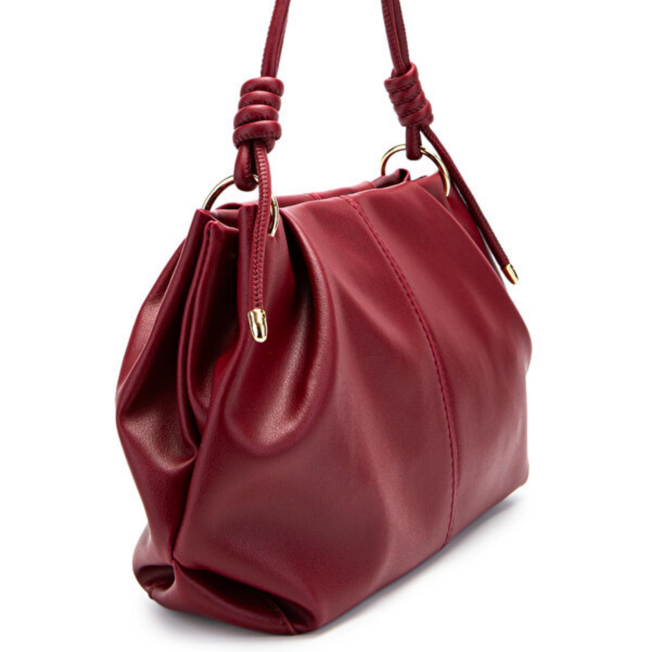 バーガンディフェイクレザーギャザーショルダーバッグ - ゴールド