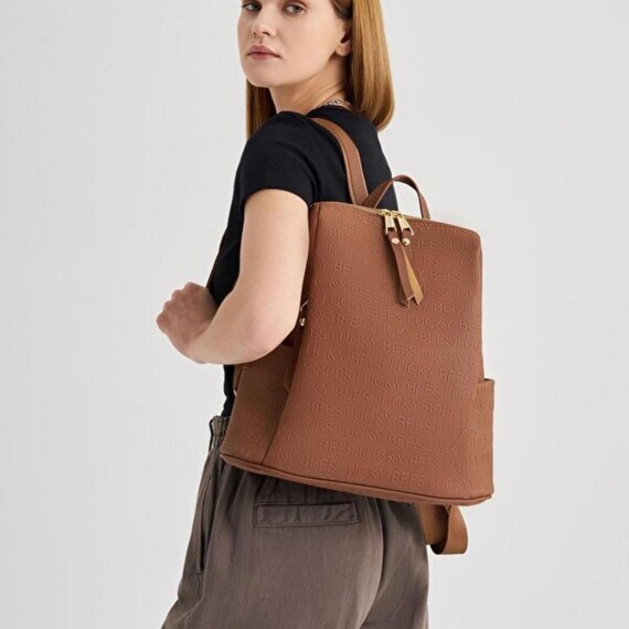 Elegant Brown Patterned Backpack Stylish Patterned Backpack with Brown Leather Accents | TikTok main image 4