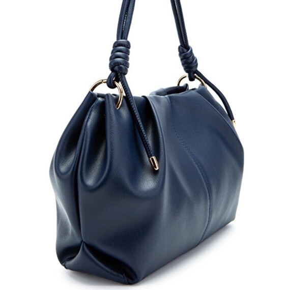 Navy Faux Leather Gathered Shoulder Bag – Gold Accent Chen Bag 