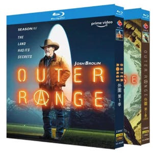 May include: Blu-ray box set for the television series "Outer Range" featuring Josh Brolin. The cover art displays a man in a cowboy hat against a mountain backdrop, with the show's title in neon orange letters. The set includes two discs.