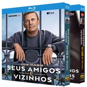 May include: A Blu-ray box set of the television series Seus Amigos e Vizinhos Season 1 featuring Jon Hamm on the cover. The cover shows a man behind a black metal fence with the text Season 1, Apple TV+, and the title Seus Amigos e Vizinhos.