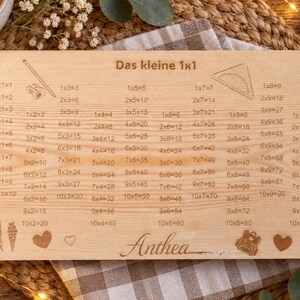 May include: A rectangular light-colored wooden board featuring the engraved text Das kleine 1x1 and a comprehensive multiplication table from 1x1 to 10x10. The board includes engraved illustrations of a pencil, a protractor, ice cream cones, a backpack, and hearts, with the name Anthea engraved at the bottom center.