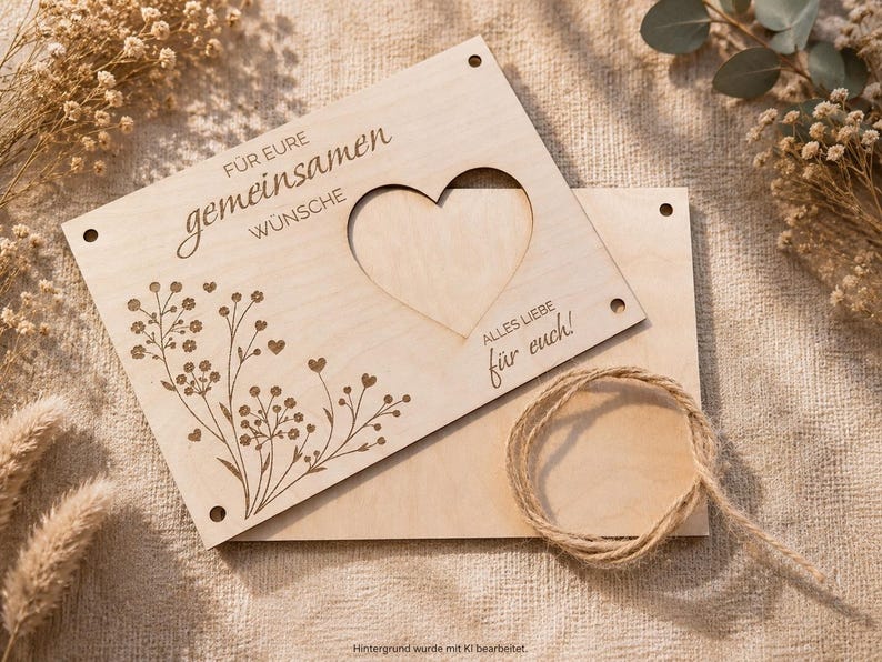 May include: A rectangular light-colored wooden plaque featuring a heart-shaped cutout, engraved floral designs, and the German text "F&Uuml;R EURE gemeinsamen W&Uuml;NSCHE" and "ALLES LIEBE f&uuml;r euch!", accompanied by a separate wooden board and a length of jute twine.