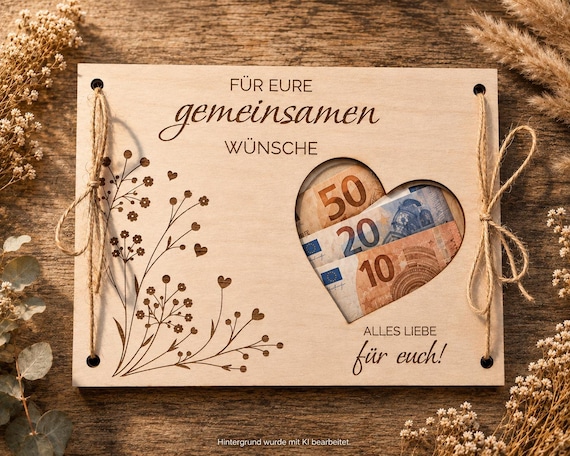 Geldgeschenk Hochzeit personalisiert, Holzkarte mit Herz, Hochzeitsgeschenk für Brautpaar, Geschenk Geld Hochzeit, Wunschgravur