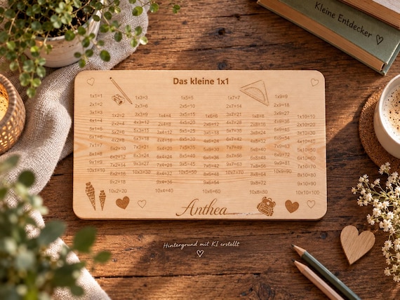 1x1 Frühstücksbrett personalisiert mit Name, Einmaleins Lernbrett aus Holz, Geschenk zur Einschulung, Rechenbrett Kinder, Kindergeburtstag