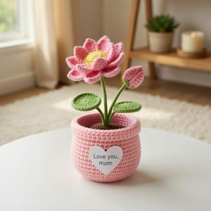 Crochet Lotus Flower in Pot, Personalized Mother's Day Gift, Handmade Pink Lotus for Mom,Knitted Plant Decor, Amigurumi Zen Gift Y-20032610C