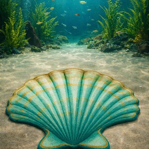 Hand Tufted Seashell Shaped Rug Teal Gold Scallop Shell - Coastal Novelty Area Rug for Bathroom, Bedroom & Aquarium