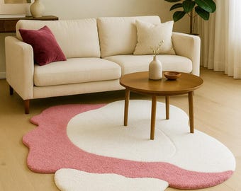 Hand Tufted Pink Cream Organic Shape Rug - Rose Arc Freeform Boho Abstract Living Room-Bedroom Home Decor Rug