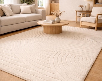 Hand Tufted Ivory Wool Rug, Sculptured Arc Pattern, Luxury Cream Area Rug for Japandi Living Room, Bedroom, Home Decor