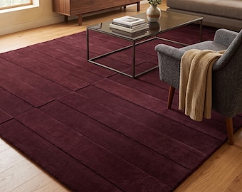 Luxury Bordeaux Strata Deep Wine Area Rug - Modern Statement Hand Tufted Wool Rug For Living Room & House warming 6x9 9x9 10x14