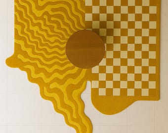 Hand Tufted Checkered Multicolor Wave Rug - Customizable Retro Floor Rug for Bold Home Décor Ideal House Warming Gift