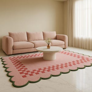Hand Tufted Wool Rug Blush Pink Checkered Scalloped Border – Retro Boho Area Rug Living Room