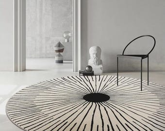 Hand Tufted Round Wool Rug Black Ivory Sunburst – Minimalist Graphic Circular Area Rug Décor