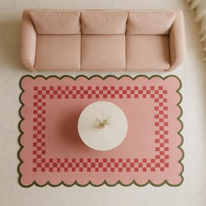 Hand Tufted Wool Rug Blush Pink Checkered Scalloped Border – Retro Boho Area Rug Living Room