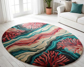 Hand Tufted Round Wool Rug, Coral Reef Ocean Wave, Teal Coastal Area Rug for Beach House, Custom Sizes Available