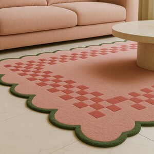 Hand Tufted Wool Rug Blush Pink Checkered Scalloped Border – Retro Boho Area Rug Living Room