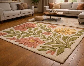 Hand Tufted Floral Rug, Blush Pink Sage Green Ivory Botanical, Cottagecore Statement Rug, Suitable Home Decor for Living Room, Bedroom