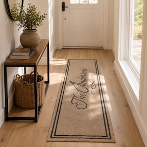 May include: A rectangular beige runner rug featuring a dark brown double-line border and the text The Andersens written in a black cursive script with a decorative flourish. The rug is positioned on a light wood floor in a hallway setting.