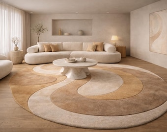 Hand Tufted Oval Wool Rug, Sand Caramel Swirl Pattern, Luxury Area Rug for Cozy Minimalist Bedroom Room 5x8ft,6x9ft