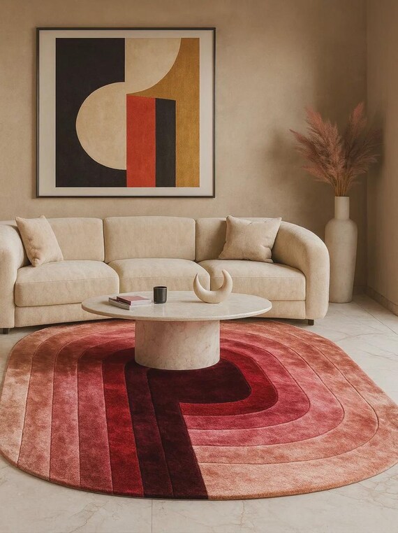 Hand Tufted Modern Wool Area Rug, Sculpted Artisan Floor Rug for Living Room Decor, Plush Handcrafted Rug in Crimson, Rose & Soft Blush