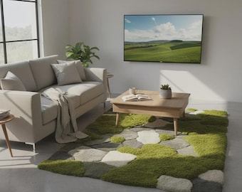 Hand Tufted Moss Rug, Sculpted Organic Stone Path Luxury Green Area Carpet Home Decor & House Warming Gifts