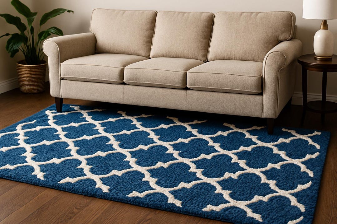 Hand Tufted Moroccan Wool Area Rug - Navy Blue Geometric Pattern 5x8 ...