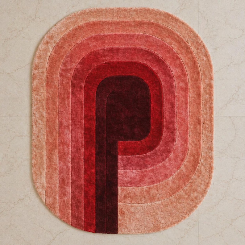 Hand Tufted Wool Rug | Terracotta & Pink Rainbow Arch Oval Area Rug – Boho Living Room Decor
